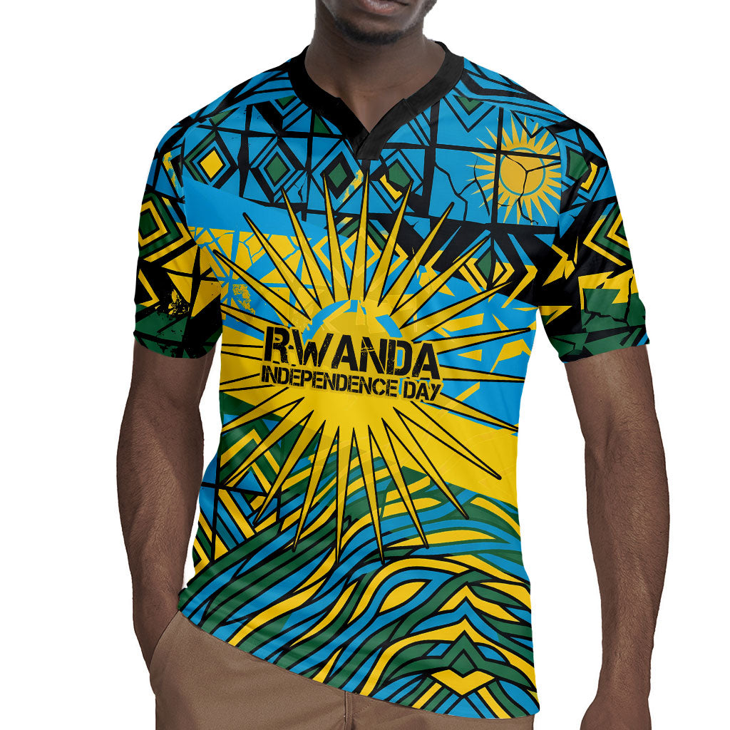 Rwanda Independence Day Rugby Jersey Tribal Geometric Pattern - National Coat Of Arms And Sunburst