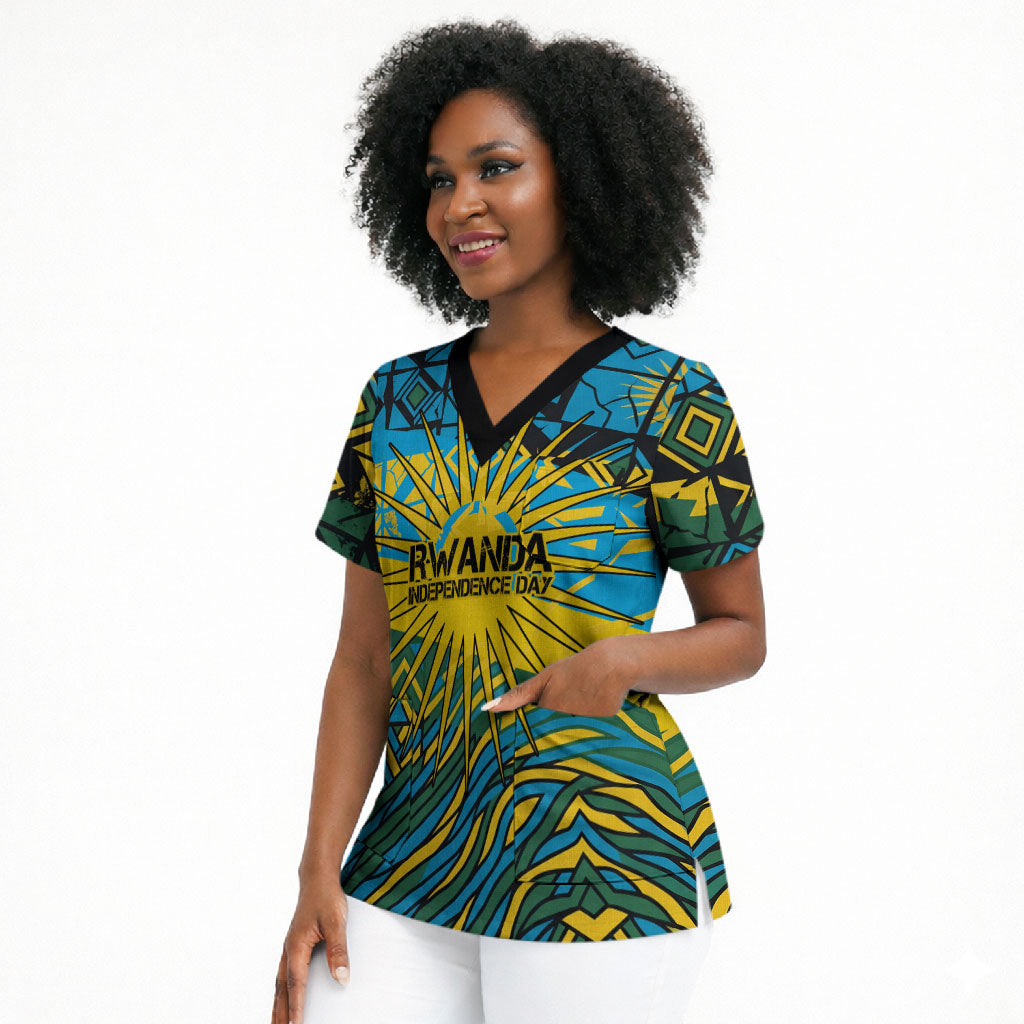 Rwanda Independence Day Scrub Top Tribal Geometric Pattern - National Coat Of Arms And Sunburst