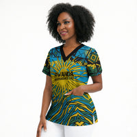 Rwanda Independence Day Scrub Top Tribal Geometric Pattern - National Coat Of Arms And Sunburst