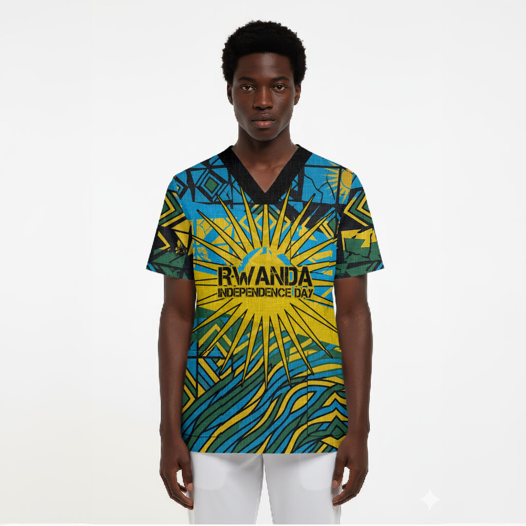 Rwanda Independence Day Scrub Top Tribal Geometric Pattern - National Coat Of Arms And Sunburst