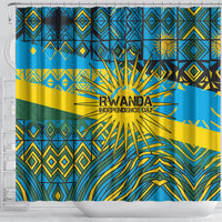 Rwanda Independence Day Shower Curtain Tribal Geometric Pattern - National Coat Of Arms And Sunburst