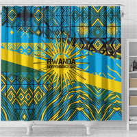 Rwanda Independence Day Shower Curtain Tribal Geometric Pattern - National Coat Of Arms And Sunburst