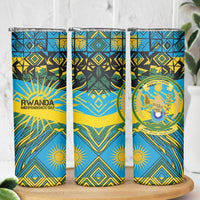 Rwanda Independence Day Skinny Tumbler Tribal Geometric Pattern - National Coat Of Arms And Sunburst