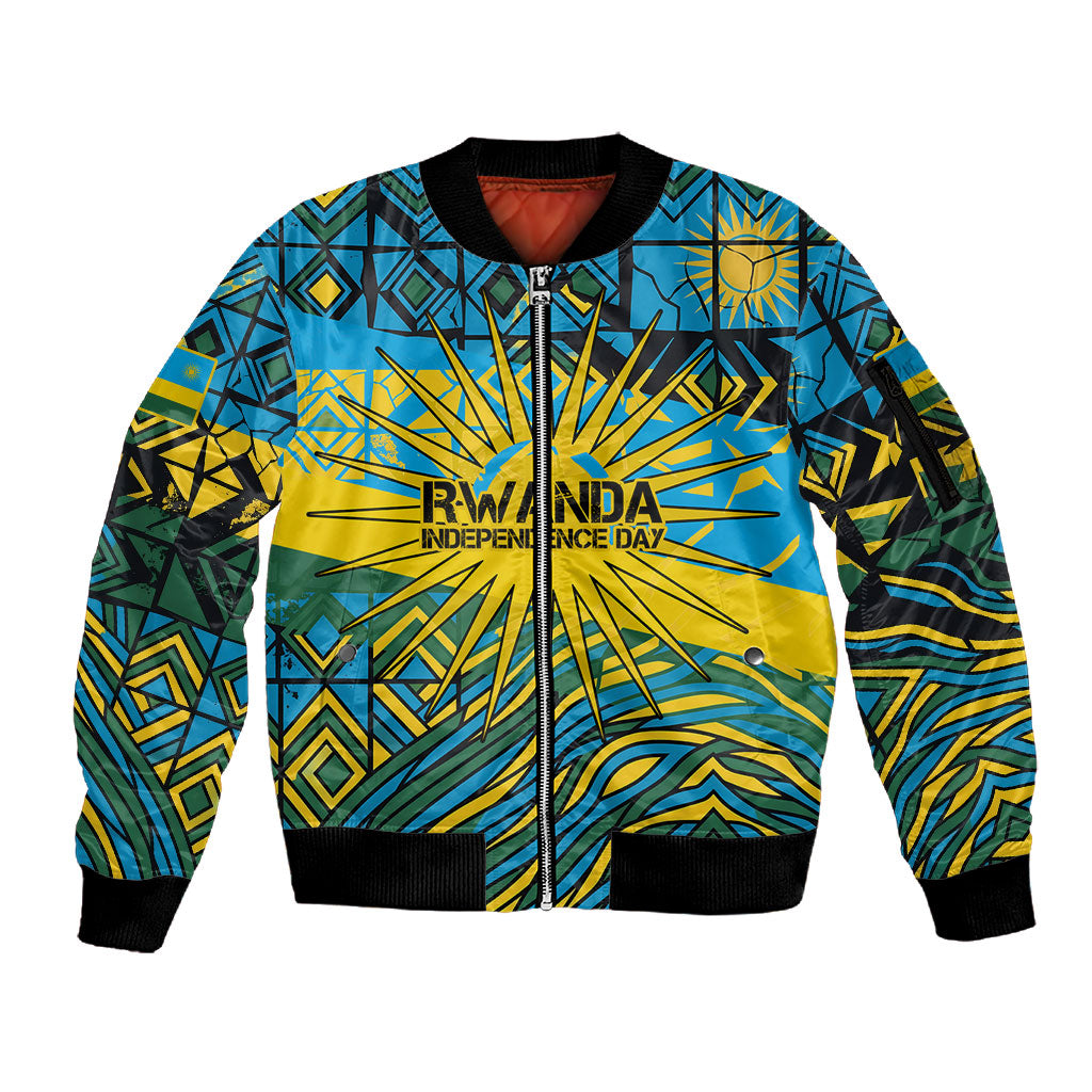 Rwanda Independence Day Sleeve Zip Bomber Jacket Tribal Geometric Pattern - National Coat Of Arms And Sunburst