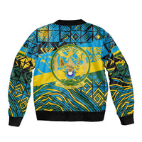 Rwanda Independence Day Sleeve Zip Bomber Jacket Tribal Geometric Pattern - National Coat Of Arms And Sunburst