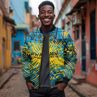 Rwanda Independence Day Sleeve Zip Bomber Jacket Tribal Geometric Pattern - National Coat Of Arms And Sunburst