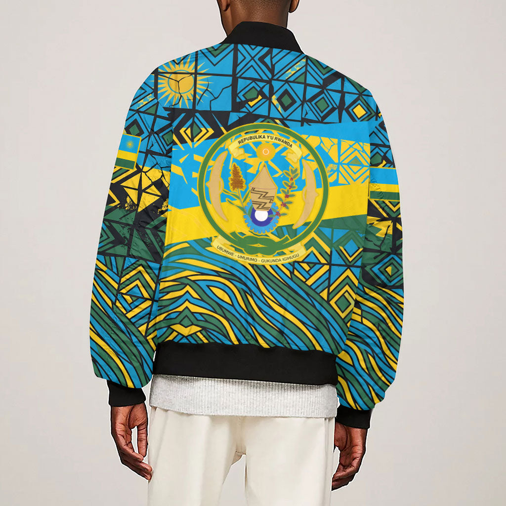 Rwanda Independence Day Sleeve Zip Bomber Jacket Tribal Geometric Pattern - National Coat Of Arms And Sunburst