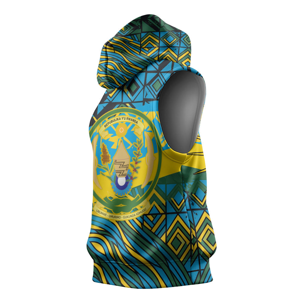 Rwanda Independence Day Sleeveless Hoodie Tribal Geometric Pattern - National Coat Of Arms And Sunburst