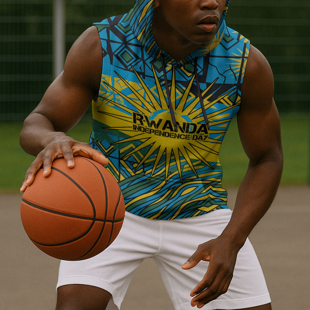 Rwanda Independence Day Sleeveless Hoodie Tribal Geometric Pattern - National Coat Of Arms And Sunburst