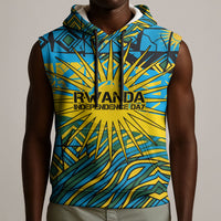 Rwanda Independence Day Sleeveless Hoodie Tribal Geometric Pattern - National Coat Of Arms And Sunburst