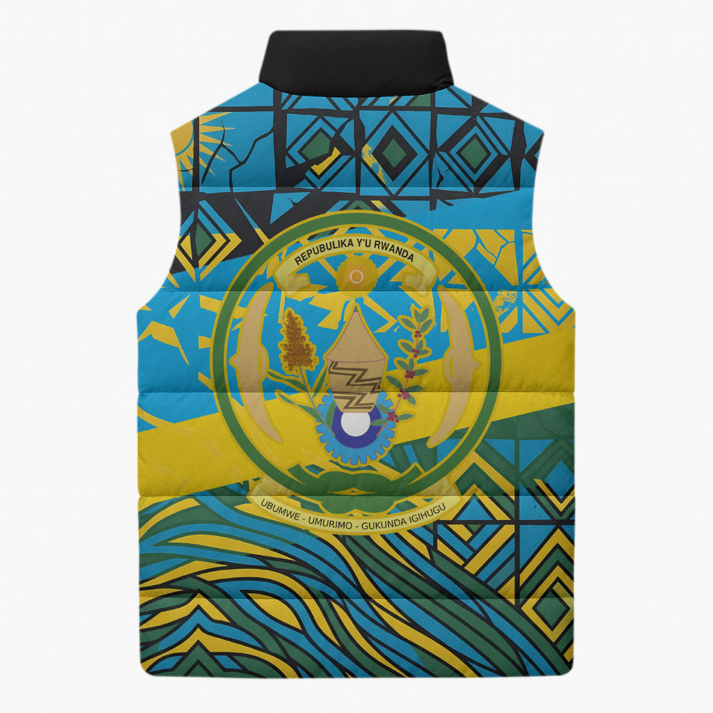 Rwanda Independence Day Sleeveless Puffer Jacket Tribal Geometric Pattern - National Coat Of Arms And Sunburst