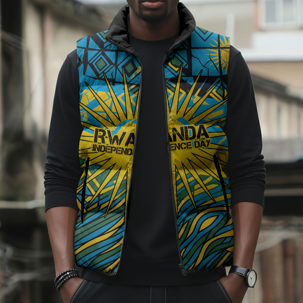 Rwanda Independence Day Sleeveless Puffer Jacket Tribal Geometric Pattern - National Coat Of Arms And Sunburst