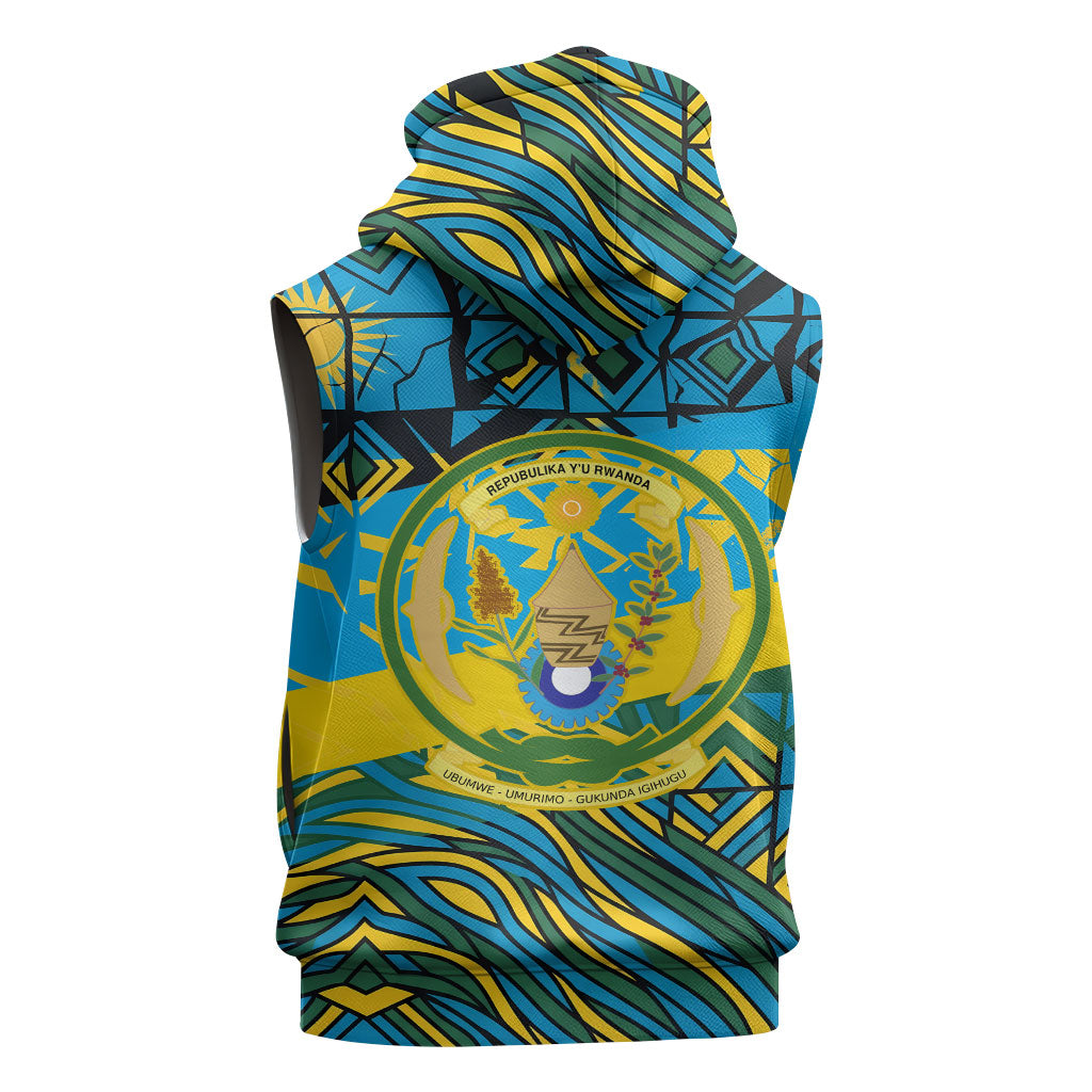 Rwanda Independence Day Sleeveless Zip Hoodie Tribal Geometric Pattern - National Coat Of Arms And Sunburst