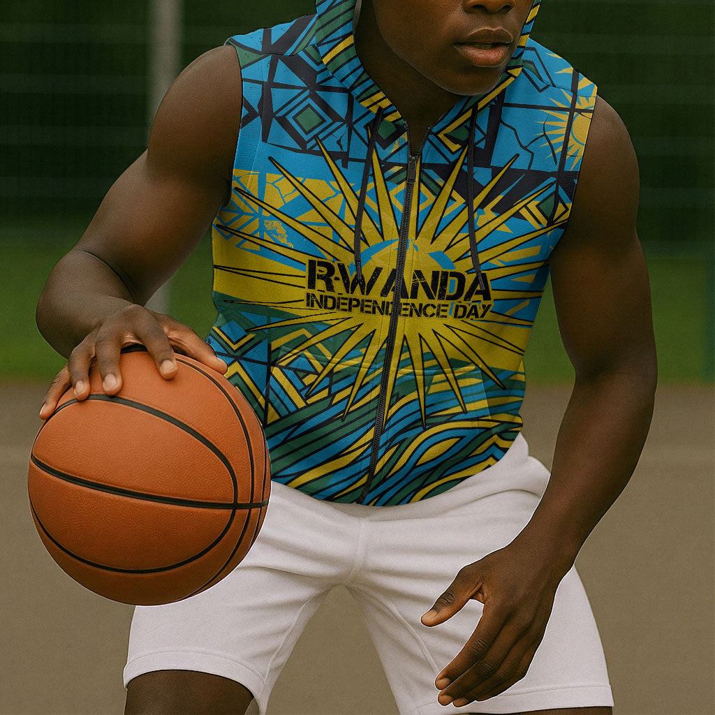Rwanda Independence Day Sleeveless Zip Hoodie Tribal Geometric Pattern - National Coat Of Arms And Sunburst