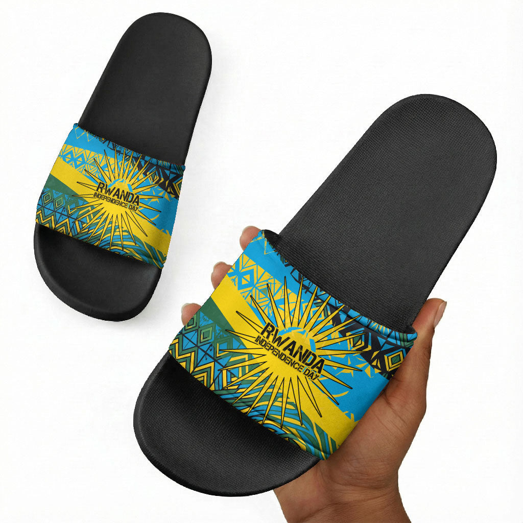 Rwanda Independence Day Slide Sandals Tribal Geometric Pattern - National Coat Of Arms And Sunburst