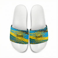 Rwanda Independence Day Slide Sandals Tribal Geometric Pattern - National Coat Of Arms And Sunburst