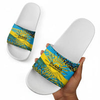 Rwanda Independence Day Slide Sandals Tribal Geometric Pattern - National Coat Of Arms And Sunburst