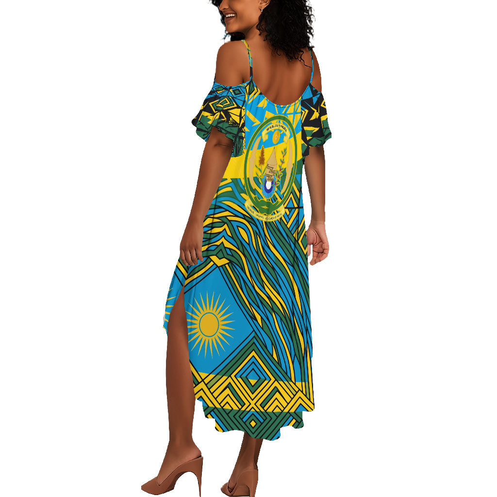 Rwanda Independence Day Summer Maxi Dress Tribal Geometric Pattern - National Coat Of Arms And Sunburst