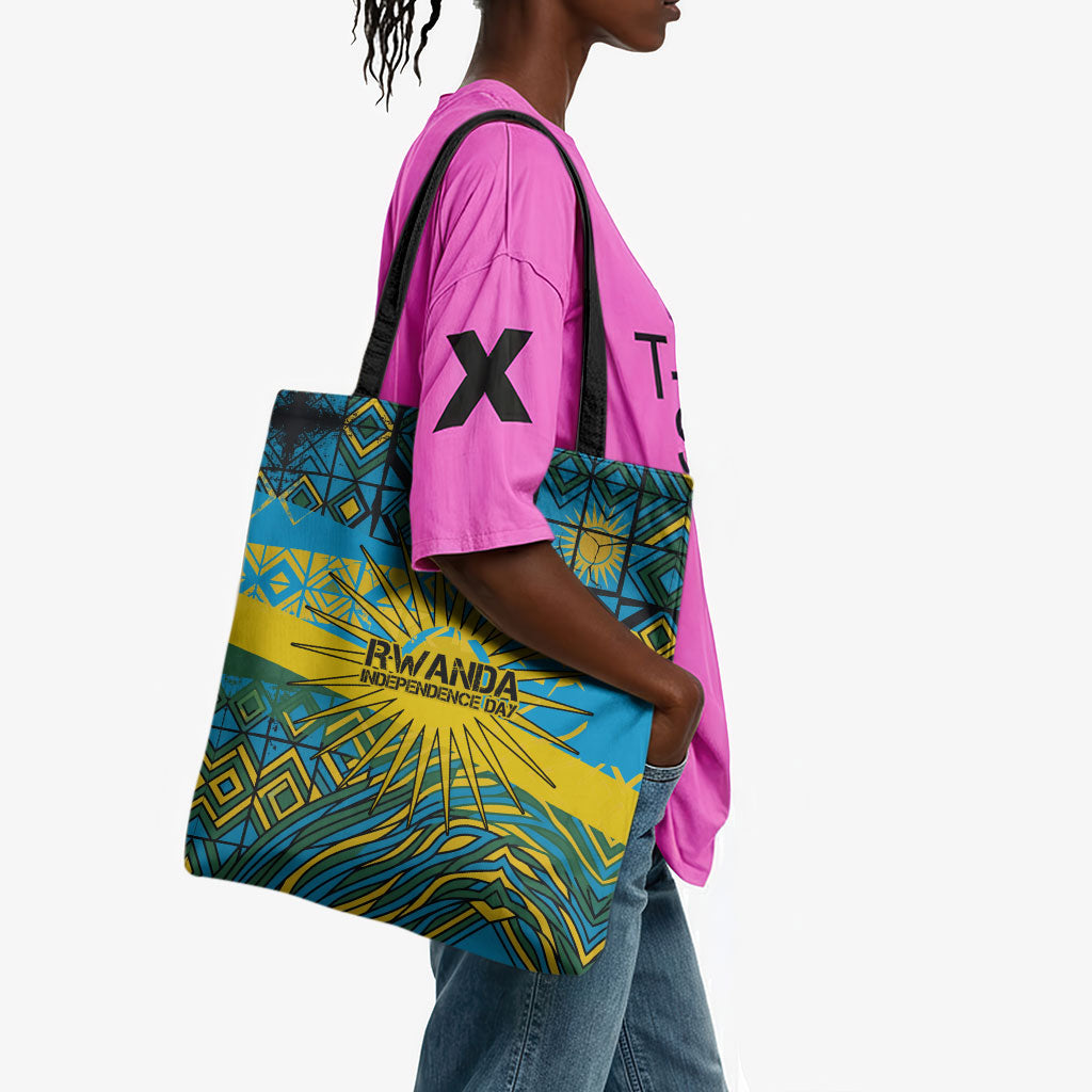 Rwanda Independence Day Tote Bag Tribal Geometric Pattern - National Coat Of Arms And Sunburst