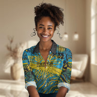 Rwanda Independence Day Women Casual Shirt Tribal Geometric Pattern - National Coat Of Arms And Sunburst