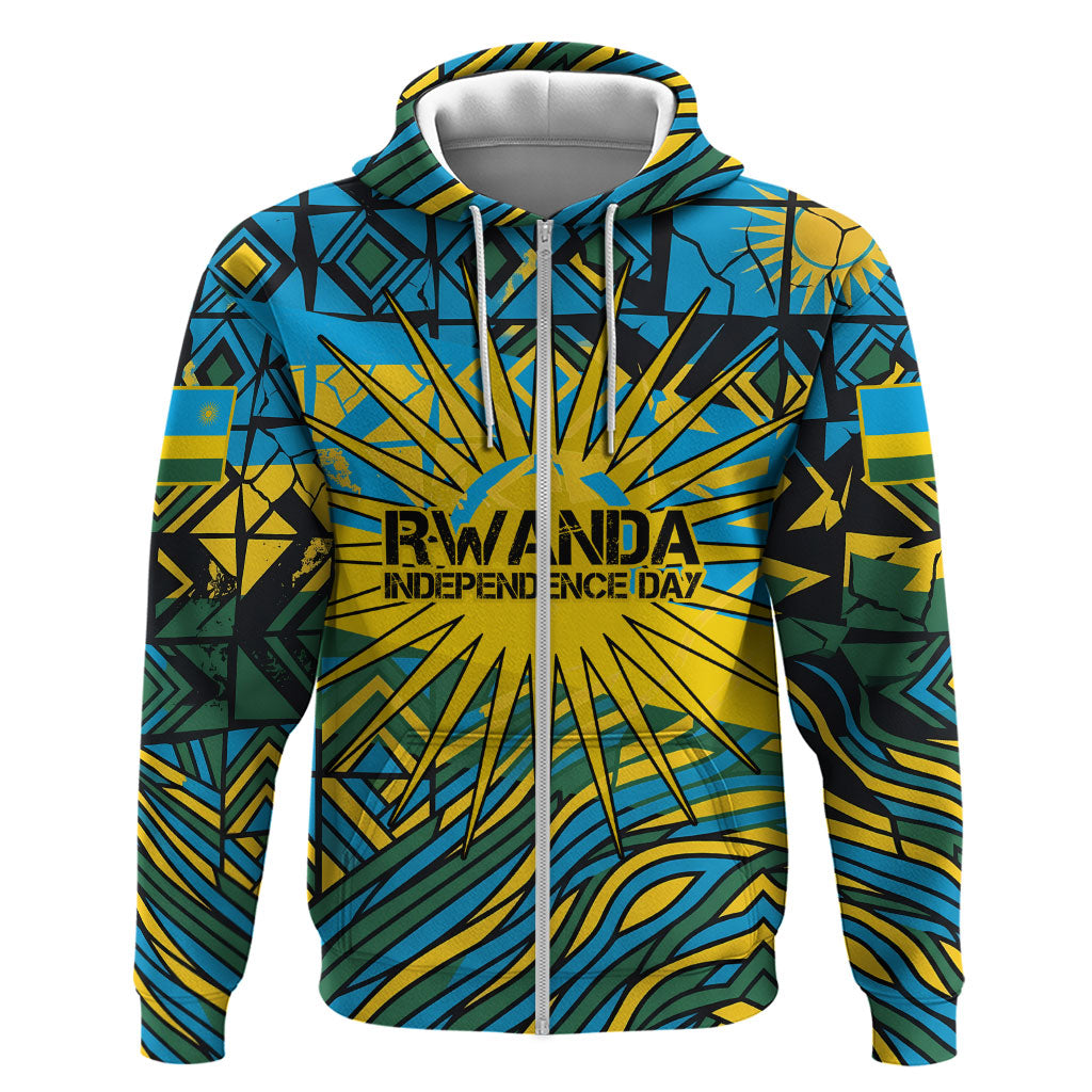 Rwanda Independence Day Zip Hoodie Tribal Geometric Pattern - National Coat Of Arms And Sunburst