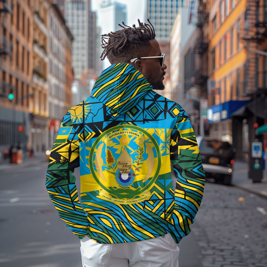 Rwanda Independence Day Zip Hoodie Tribal Geometric Pattern - National Coat Of Arms And Sunburst
