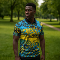 Rwanda Independence Day Zipper Polo Shirt Tribal Geometric Pattern - National Coat Of Arms And Sunburst