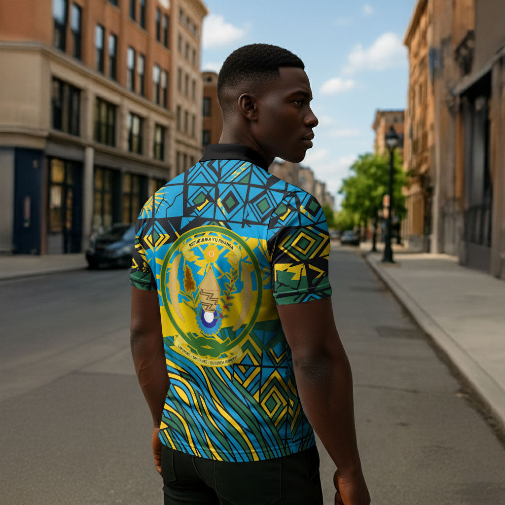 Rwanda Independence Day Zipper Polo Shirt Tribal Geometric Pattern - National Coat Of Arms And Sunburst