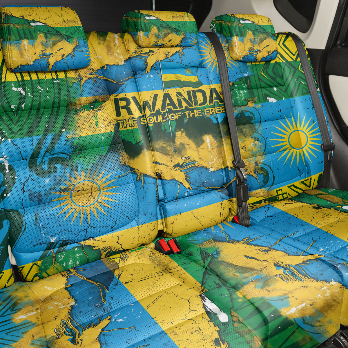 Rwanda Independence Day Back Car Seat Cover Distressed Grunge Flag Design - Broken Chains And 1962 Graphic