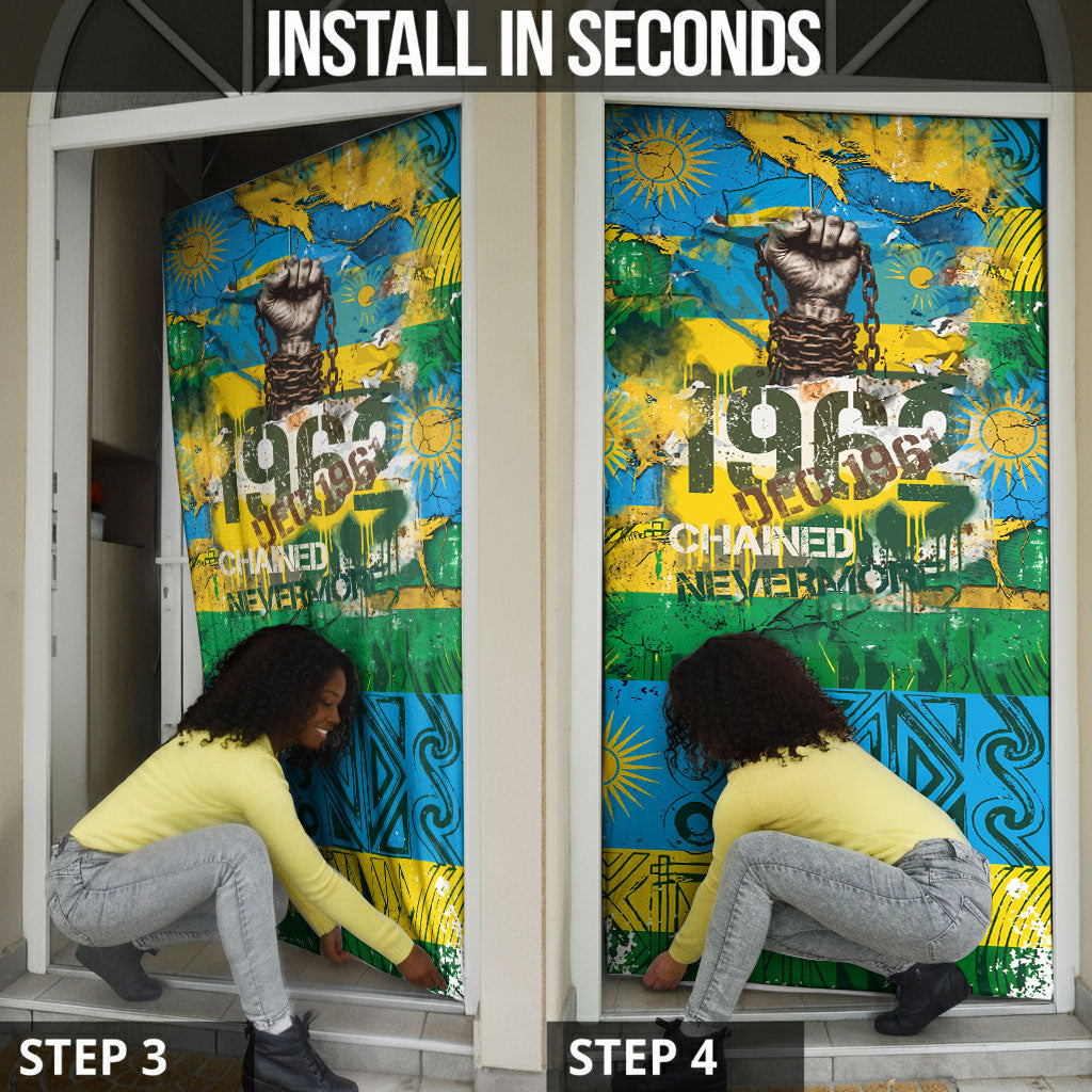 Rwanda Independence Day Door Cover Distressed Grunge Flag Design - Broken Chains And 1962 Graphic