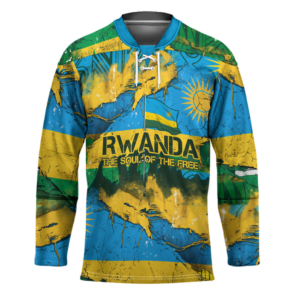 Rwanda Independence Day Hockey Jersey Distressed Grunge Flag Design - Broken Chains And 1962 Graphic