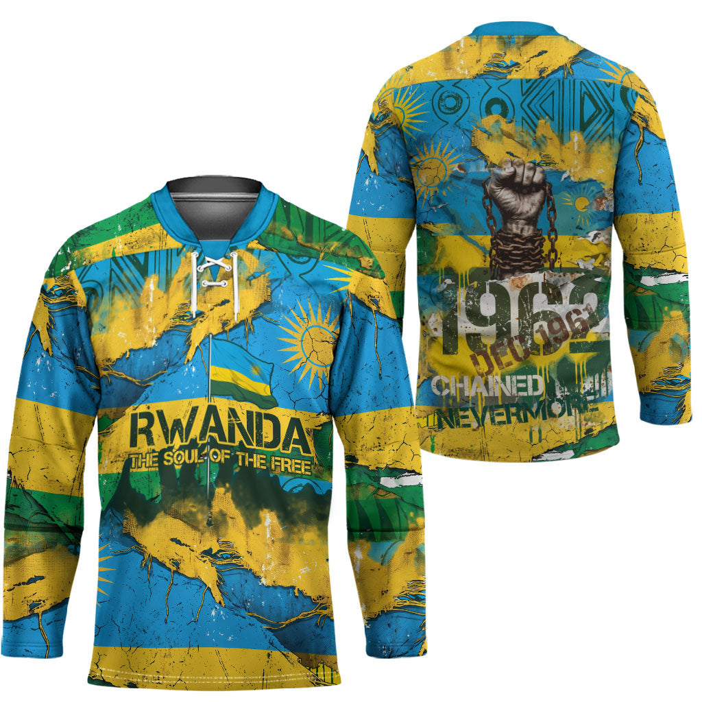 Rwanda Independence Day Hockey Jersey Distressed Grunge Flag Design - Broken Chains And 1962 Graphic