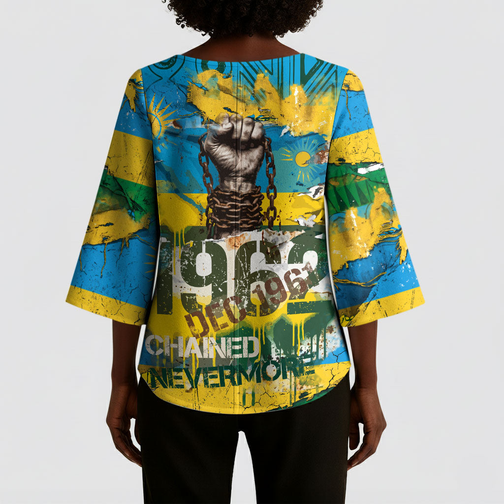 Rwanda Independence Day Kimono Sleeve Blouse Distressed Grunge Flag Design - Broken Chains And 1962 Graphic