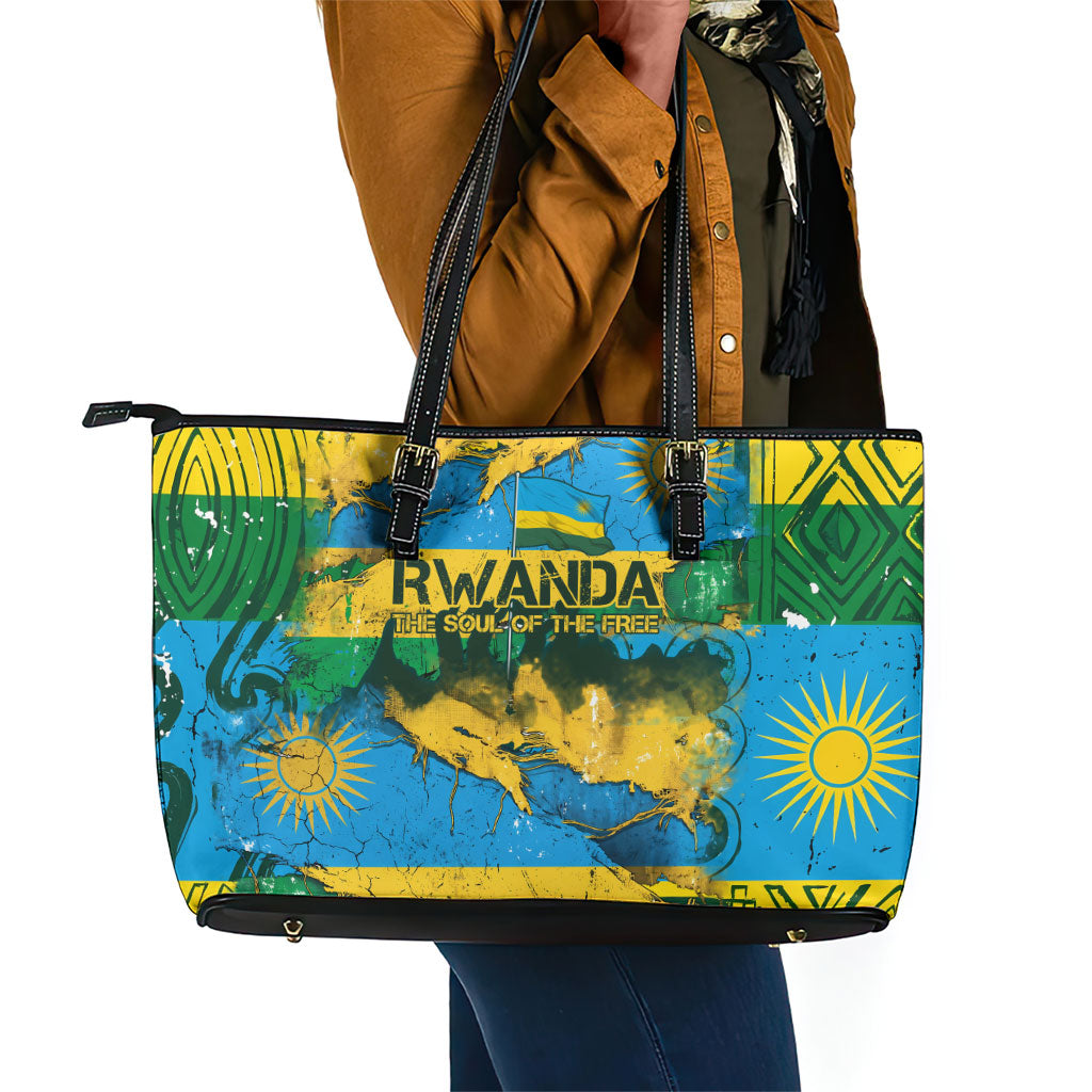 Rwanda Independence Day Leather Tote Bag Distressed Grunge Flag Design - Broken Chains And 1962 Graphic