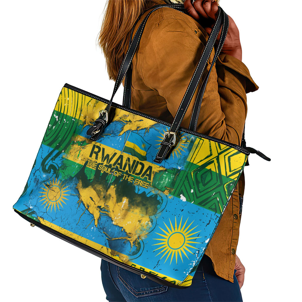 Rwanda Independence Day Leather Tote Bag Distressed Grunge Flag Design - Broken Chains And 1962 Graphic