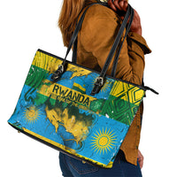 Rwanda Independence Day Leather Tote Bag Distressed Grunge Flag Design - Broken Chains And 1962 Graphic