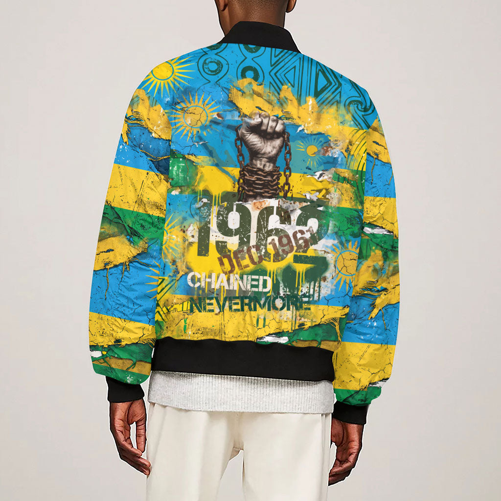 Rwanda Independence Day Sleeve Zip Bomber Jacket Distressed Grunge Flag Design - Broken Chains And 1962 Graphic
