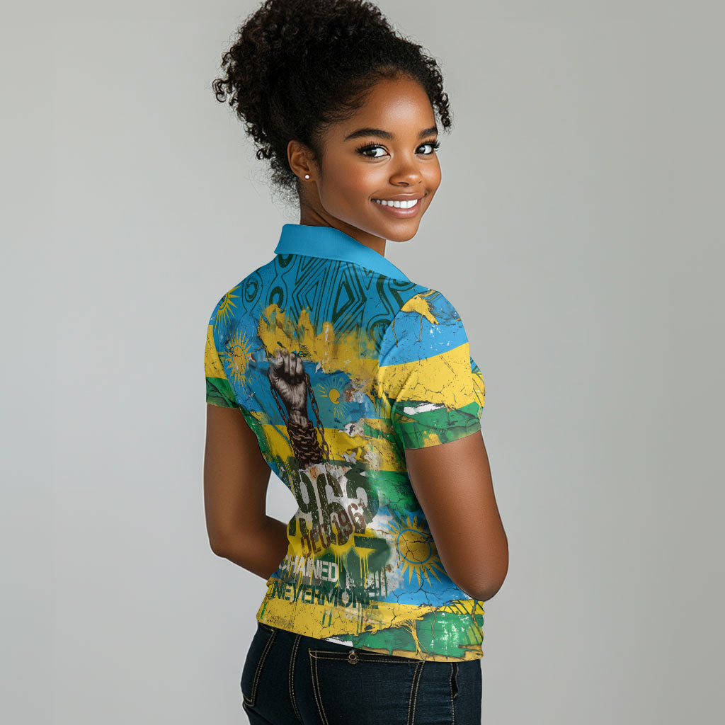 Rwanda Independence Day Women Polo Shirt Distressed Grunge Flag Design - Broken Chains And 1962 Graphic