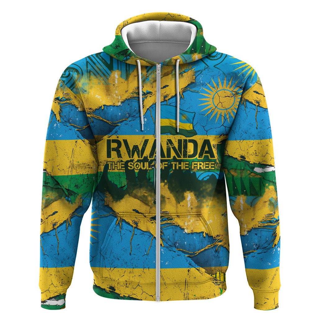 Rwanda Independence Day Zip Hoodie Distressed Grunge Flag Design - Broken Chains And 1962 Graphic
