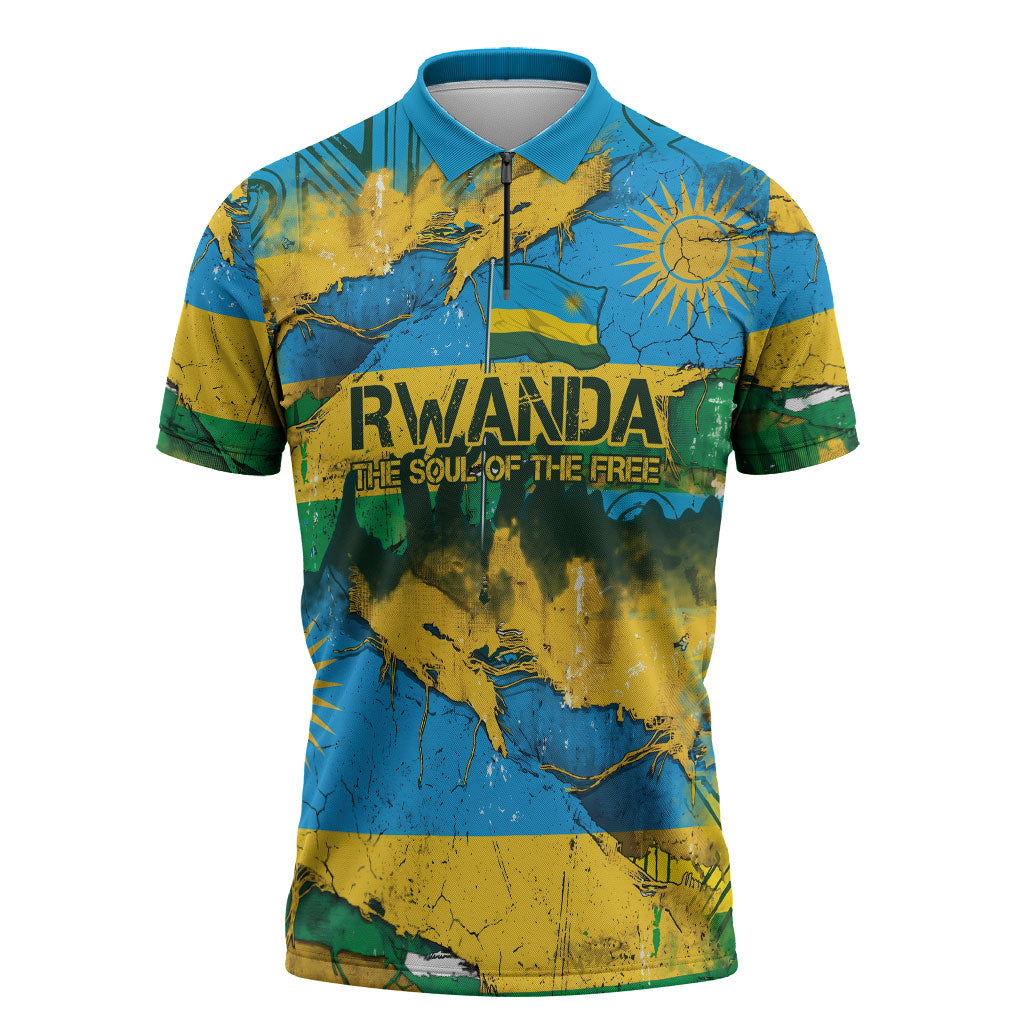 Rwanda Independence Day Zipper Polo Shirt Distressed Grunge Flag Design - Broken Chains And 1962 Graphic