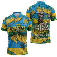 Rwanda Independence Day Zipper Polo Shirt Distressed Grunge Flag Design - Broken Chains And 1962 Graphic
