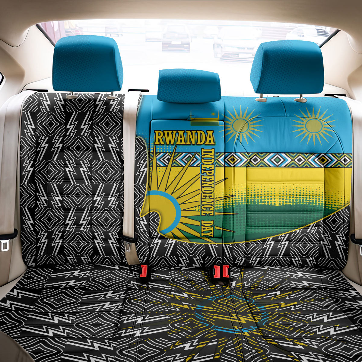Rwanda Independence Day Unite Paix Progres Back Car Seat Cover African Geometric Pattern - Power Fist And Coffee Branch Art