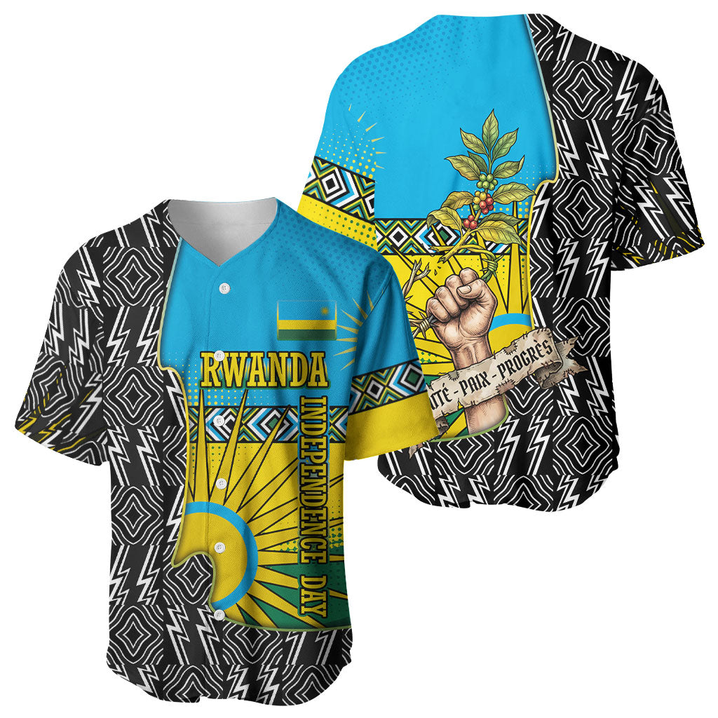 Rwanda Independence Day Unite Paix Progres Baseball Jersey African Geometric Pattern - Power Fist And Coffee Branch Art