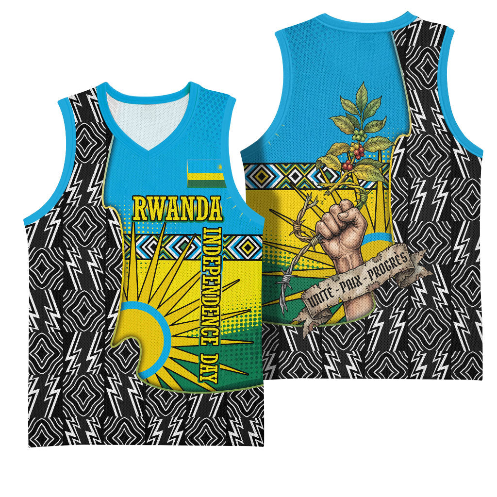 Rwanda Independence Day Unite Paix Progres Basketball Jersey African Geometric Pattern - Power Fist And Coffee Branch Art