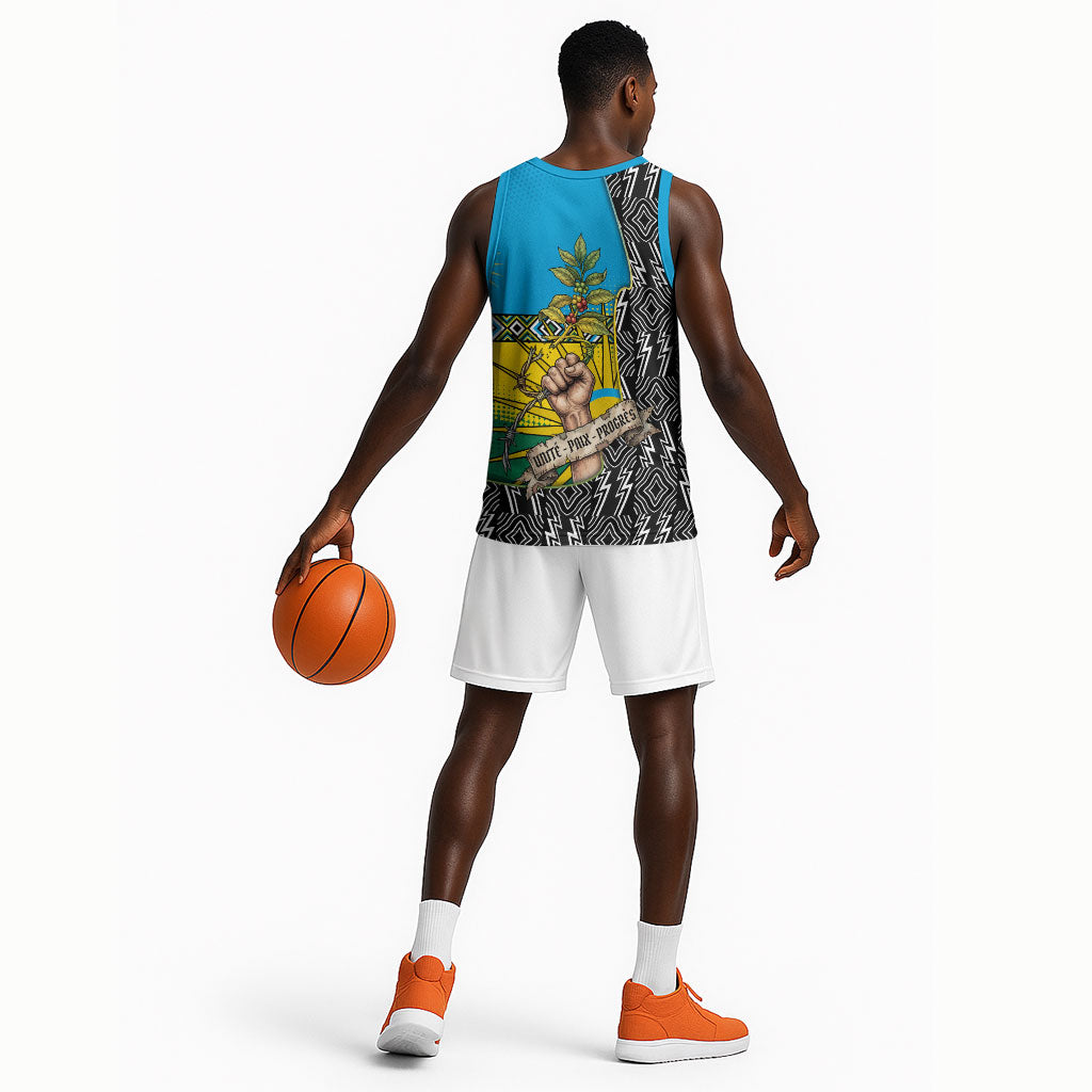Rwanda Independence Day Unite Paix Progres Basketball Jersey African Geometric Pattern - Power Fist And Coffee Branch Art