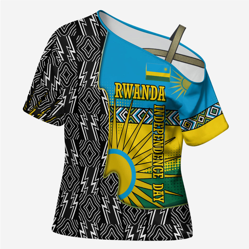 Rwanda Independence Day Unite Paix Progres Cross Shoulder Shirt African Geometric Pattern - Power Fist And Coffee Branch Art