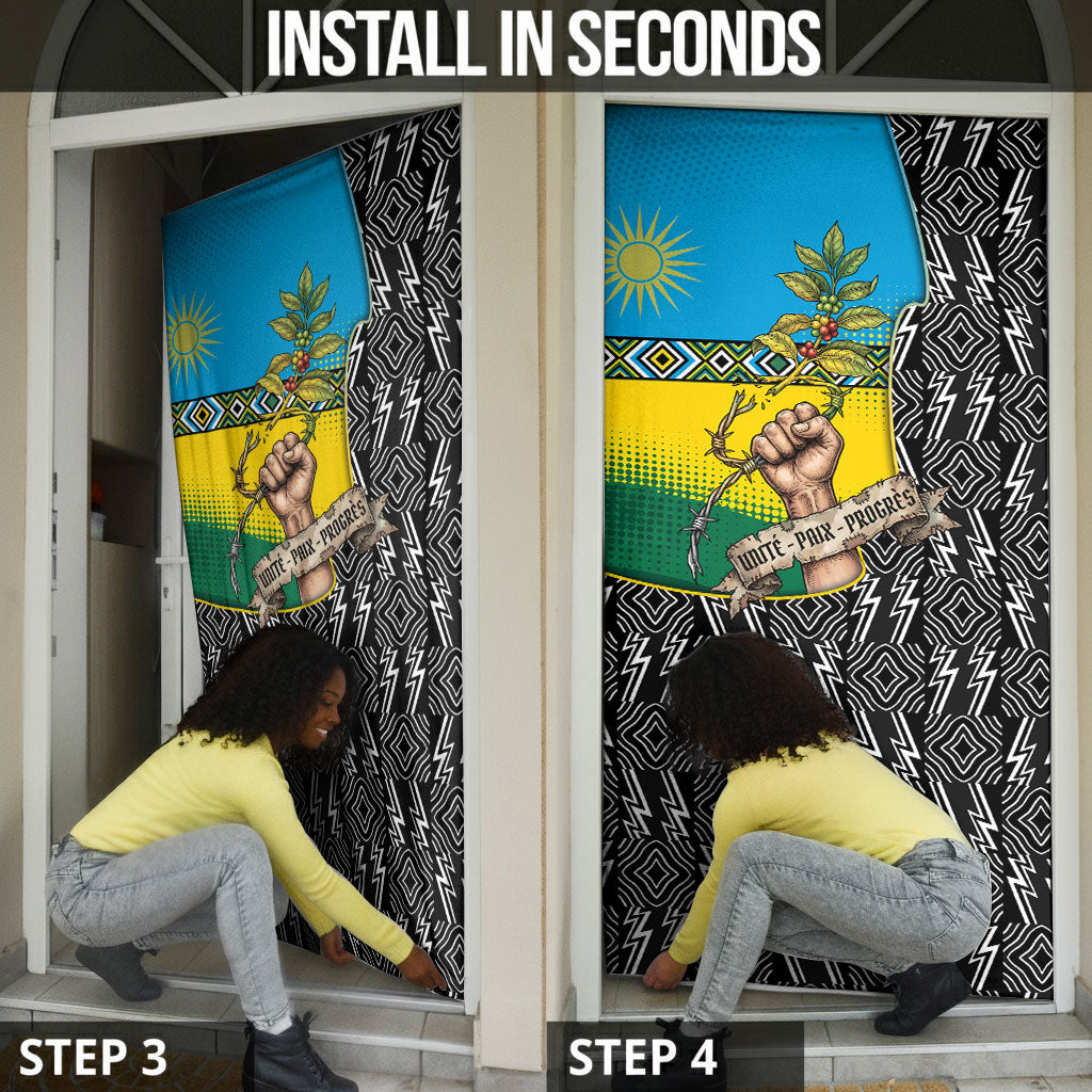 Rwanda Independence Day Unite Paix Progres Door Cover African Geometric Pattern - Power Fist And Coffee Branch Art