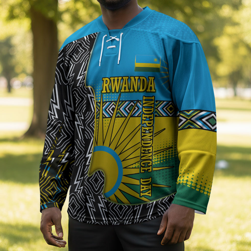 Rwanda Independence Day Unite Paix Progres Hockey Jersey African Geometric Pattern - Power Fist And Coffee Branch Art