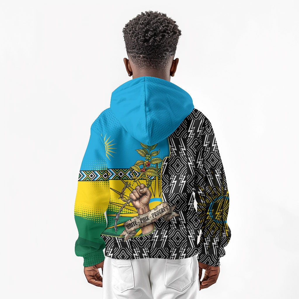 Rwanda Independence Day Unite Paix Progres Kid Hoodie African Geometric Pattern - Power Fist And Coffee Branch Art