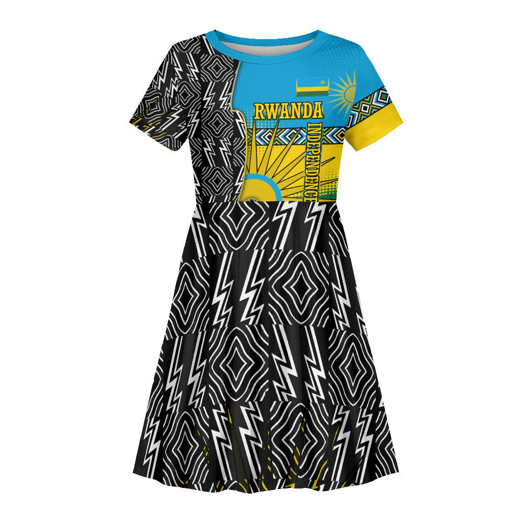 Rwanda Independence Day Unite Paix Progres Kid Short Sleeve Dress African Geometric Pattern - Power Fist And Coffee Branch Art